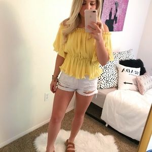 YELLOW PLEATED OFF-SHOULDER TOP